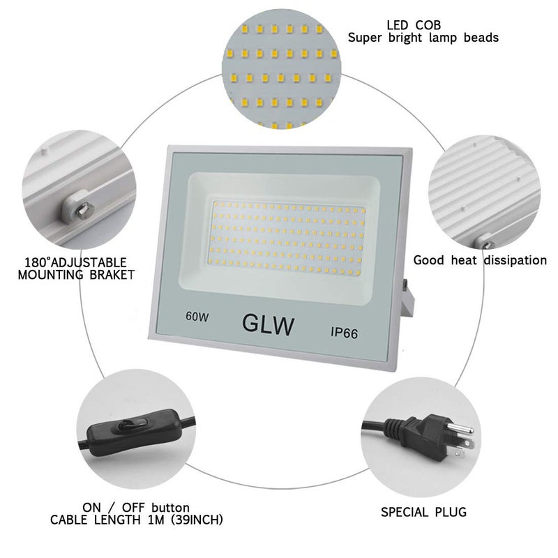 GLW ضوء الفيض GLW 60W خارجي IP66 مقاوم للماء، 6000LM 3000K ضوء LED دافئ للحديقة، الفناء، الممر والمزيد [عبوة 2] - Image 5